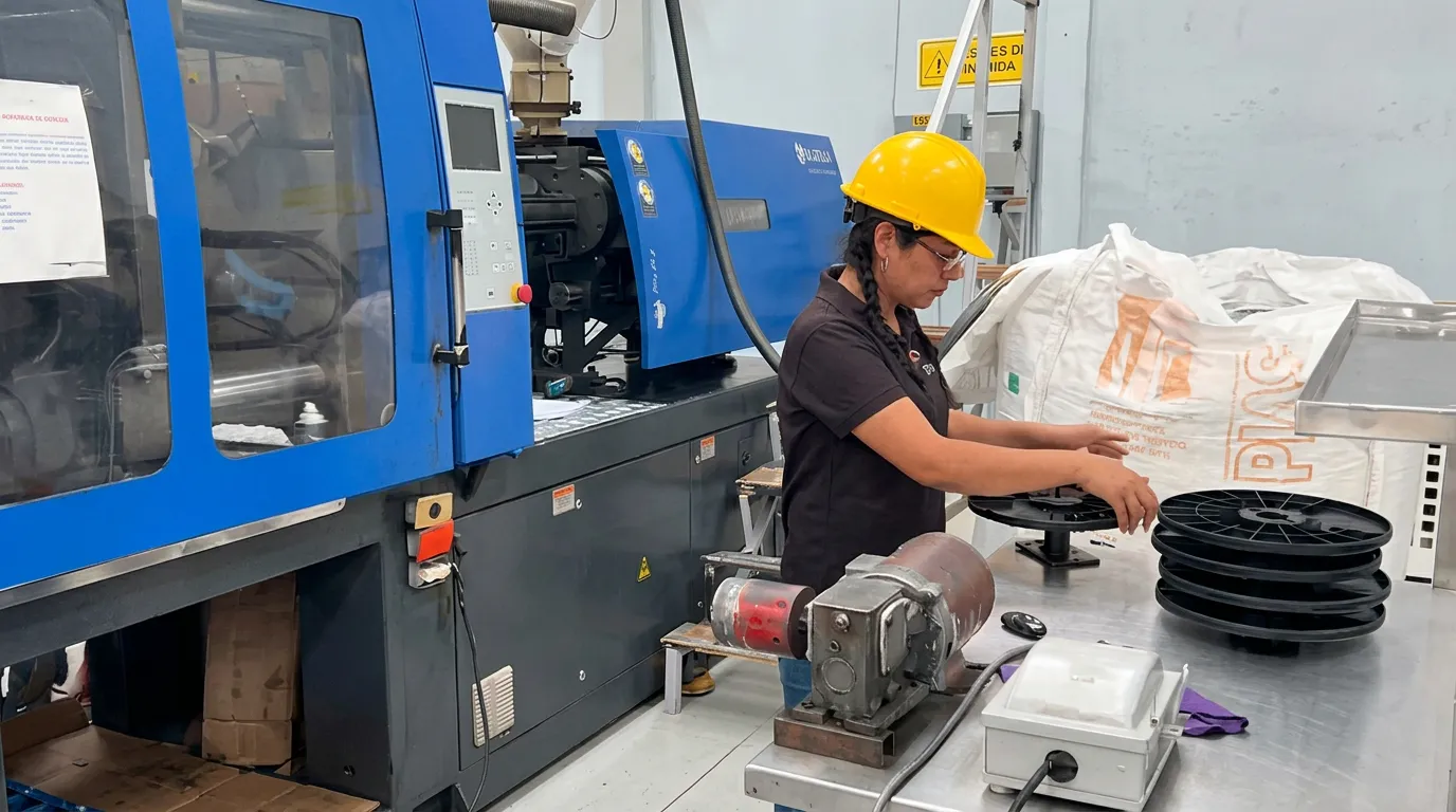 Operadora de IPASA retirando carretes de la máquina de inyección
